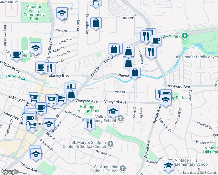map of restaurants, bars, coffee shops, grocery stores, and more near 3829 Vine Street in Pleasanton