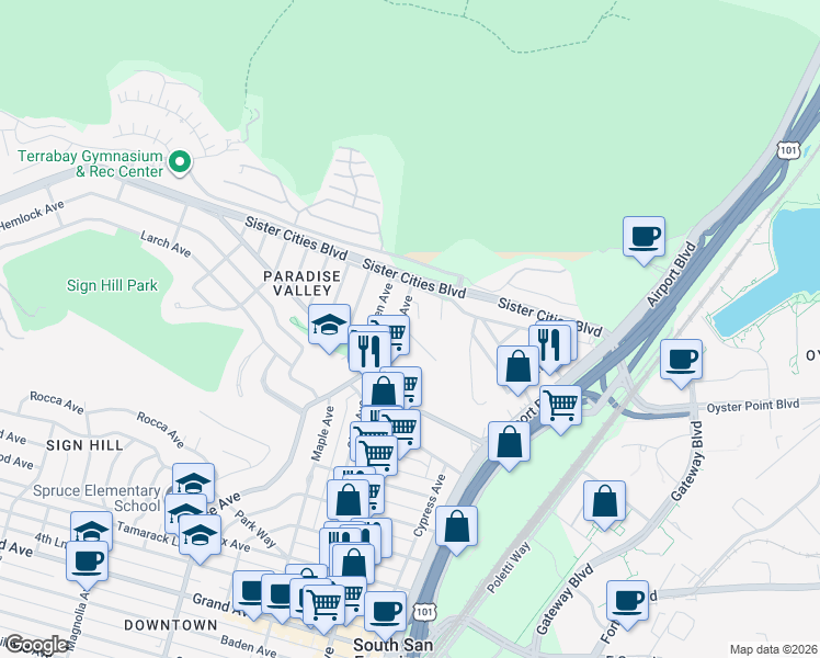 map of restaurants, bars, coffee shops, grocery stores, and more near 149 North Spruce Avenue in South San Francisco