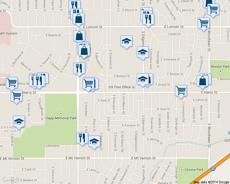 map of restaurants, bars, coffee shops, grocery stores, and more near 5226 East Harry Street in Wichita