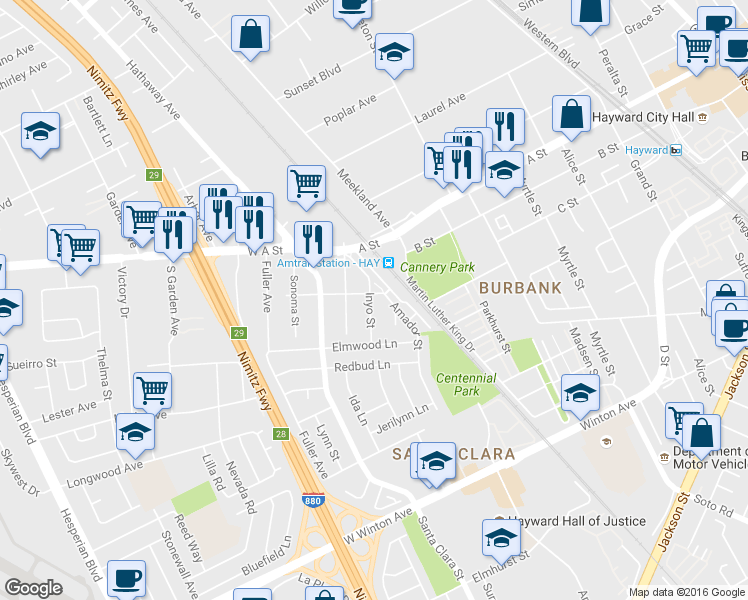 map of restaurants, bars, coffee shops, grocery stores, and more near 134 El Dorado Ave in Hayward