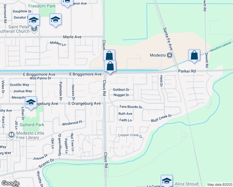 map of restaurants, bars, coffee shops, grocery stores, and more near 4100 Goldust Drive in Modesto