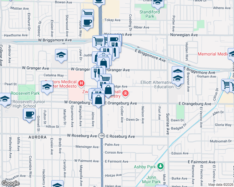 map of restaurants, bars, coffee shops, grocery stores, and more near 161 Drake Avenue in Modesto
