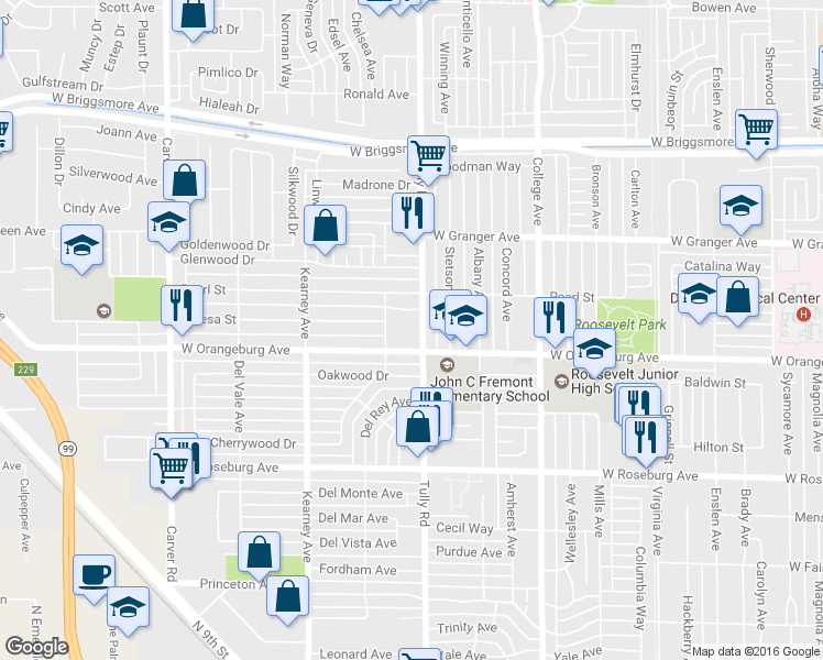 map of restaurants, bars, coffee shops, grocery stores, and more near 1427 Tully Road in Modesto