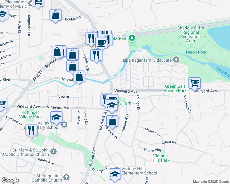map of restaurants, bars, coffee shops, grocery stores, and more near in Pleasanton
