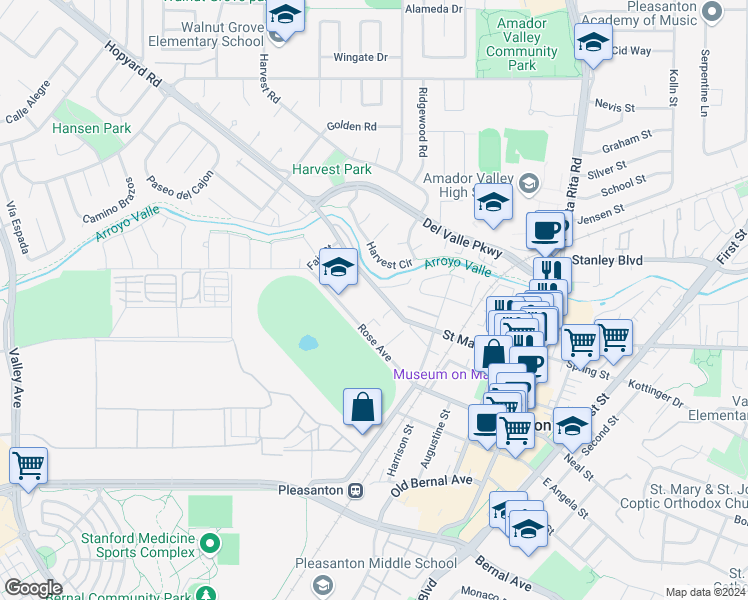 map of restaurants, bars, coffee shops, grocery stores, and more near 839 Division Street in Pleasanton