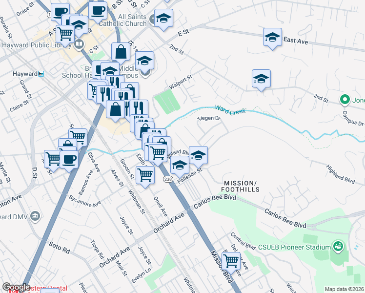 map of restaurants, bars, coffee shops, grocery stores, and more near 24485 Leona Drive in Hayward