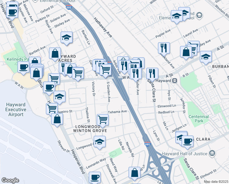 map of restaurants, bars, coffee shops, grocery stores, and more near 22216 South Garden Avenue in Hayward