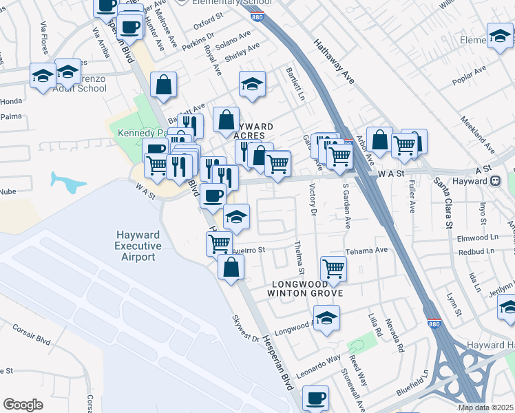 map of restaurants, bars, coffee shops, grocery stores, and more near 736 Memorial Way in Hayward
