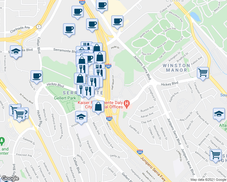map of restaurants, bars, coffee shops, grocery stores, and more near 373 Half Moon Lane in Daly City