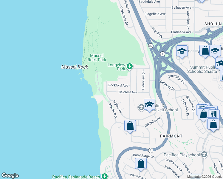 map of restaurants, bars, coffee shops, grocery stores, and more near 61 Rockford Avenue in Daly City