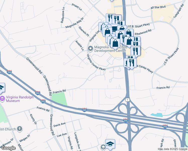 map of restaurants, bars, coffee shops, grocery stores, and more near 9907 Magnolia Pointe Court in Glen Allen