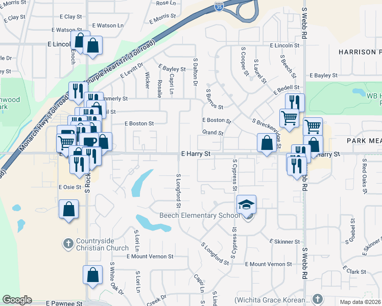 map of restaurants, bars, coffee shops, grocery stores, and more near 8700 East Harry Street in Wichita