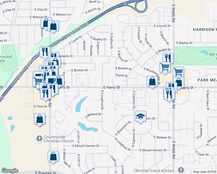 map of restaurants, bars, coffee shops, grocery stores, and more near 8700 East Harry Street in Wichita