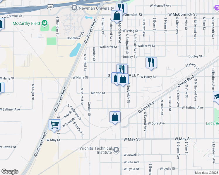 map of restaurants, bars, coffee shops, grocery stores, and more near 1621 Richmond South in Wichita
