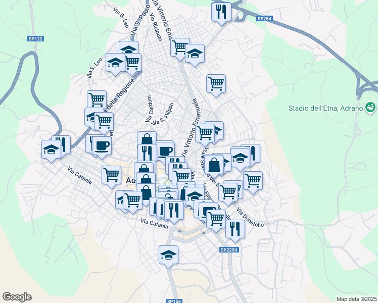map of restaurants, bars, coffee shops, grocery stores, and more near 43 Via Ruggero II in Adrano