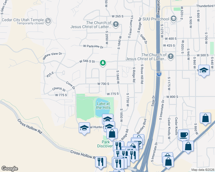 map of restaurants, bars, coffee shops, grocery stores, and more near 717 South 2075 West in Cedar City