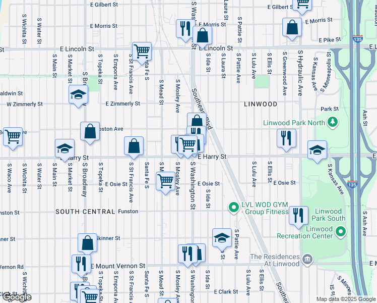 map of restaurants, bars, coffee shops, grocery stores, and more near 1544 S Washington St in Wichita