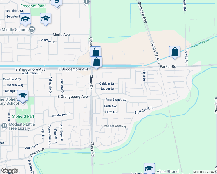 map of restaurants, bars, coffee shops, grocery stores, and more near 4121 Nugget Drive in Modesto