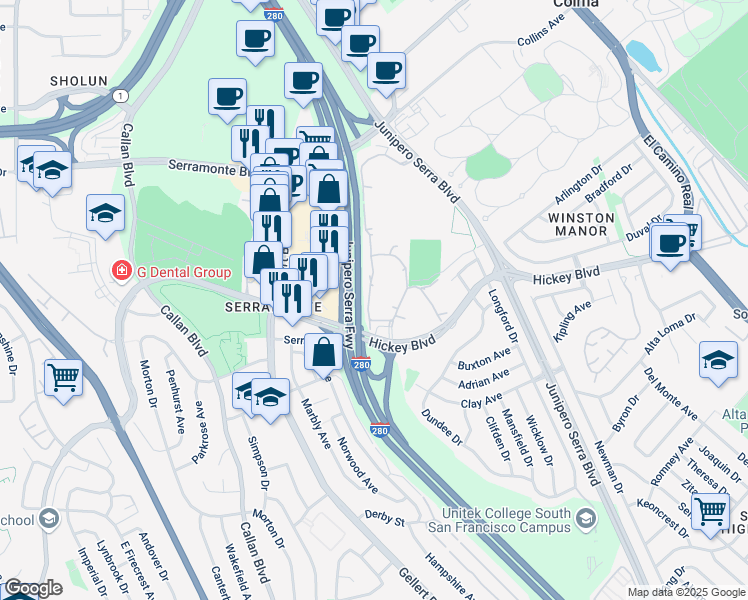 map of restaurants, bars, coffee shops, grocery stores, and more near 373 Half Moon Lane in Daly City