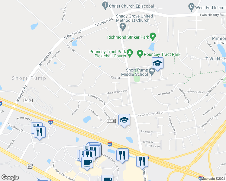 map of restaurants, bars, coffee shops, grocery stores, and more near 12240 Manor Crossing Drive in Glen Allen