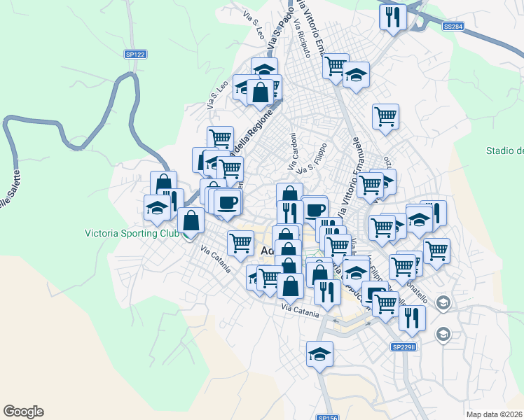 map of restaurants, bars, coffee shops, grocery stores, and more near 33 Via Mammano in Adrano