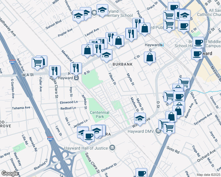 map of restaurants, bars, coffee shops, grocery stores, and more near 403 Morello Drive in Hayward