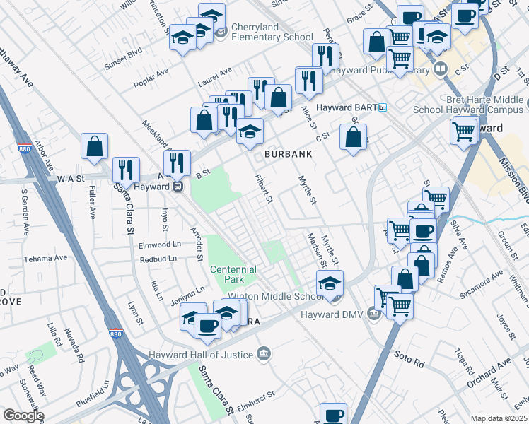 map of restaurants, bars, coffee shops, grocery stores, and more near Lapin Place in Hayward