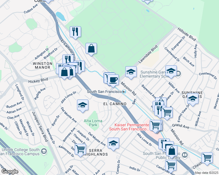 map of restaurants, bars, coffee shops, grocery stores, and more near 301 McLellan Drive in South San Francisco