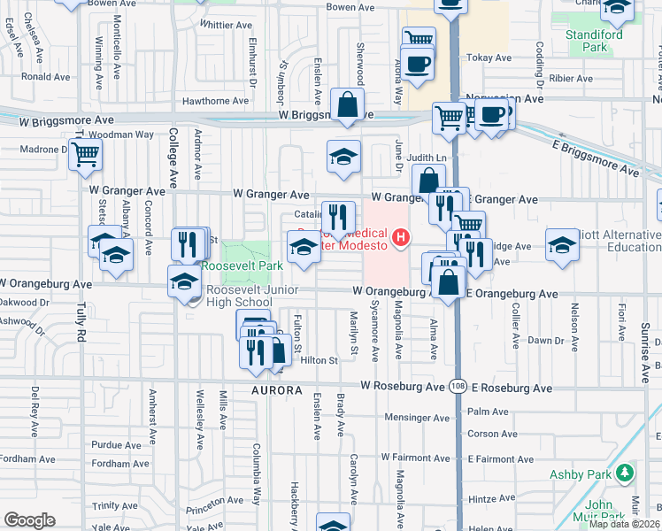 map of restaurants, bars, coffee shops, grocery stores, and more near 518 Balboa Way in Modesto