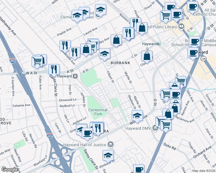 map of restaurants, bars, coffee shops, grocery stores, and more near 403 Morello Drive in Hayward