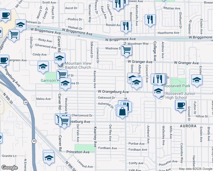 map of restaurants, bars, coffee shops, grocery stores, and more near 1413 Teresa Street in Modesto