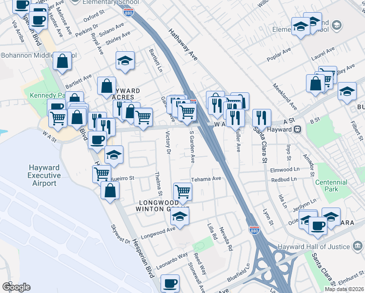 map of restaurants, bars, coffee shops, grocery stores, and more near 22211 South Garden Avenue in Hayward