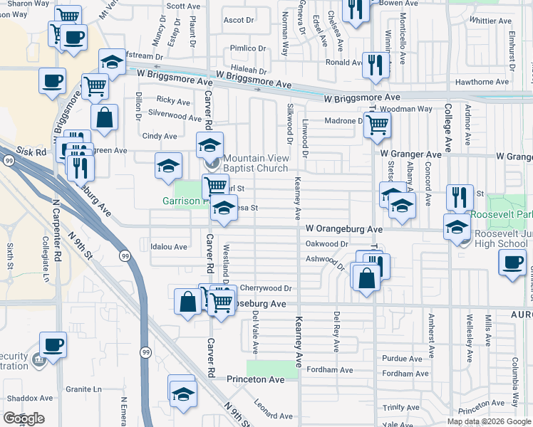 map of restaurants, bars, coffee shops, grocery stores, and more near 1540 Teresa Street in Modesto