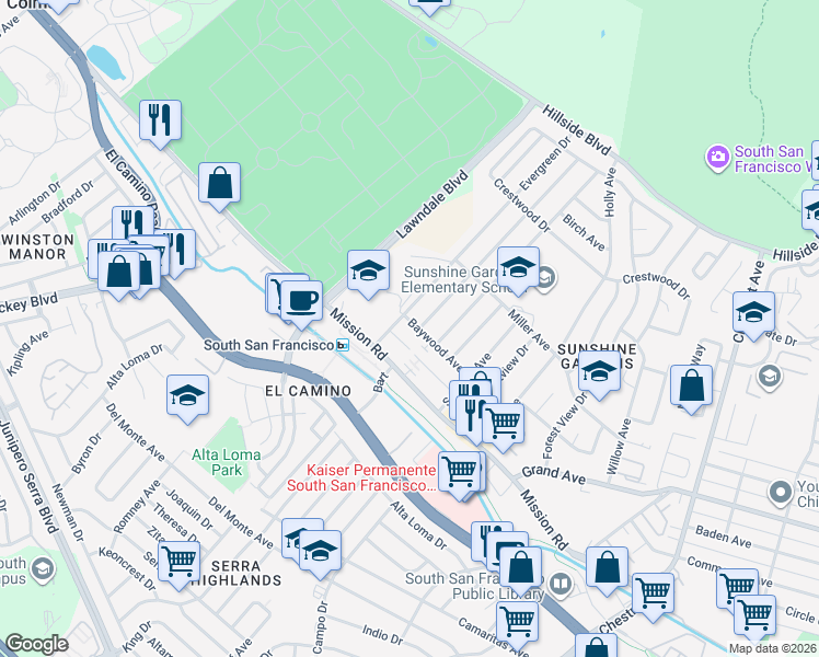 map of restaurants, bars, coffee shops, grocery stores, and more near 1289 Baywood Avenue in South San Francisco