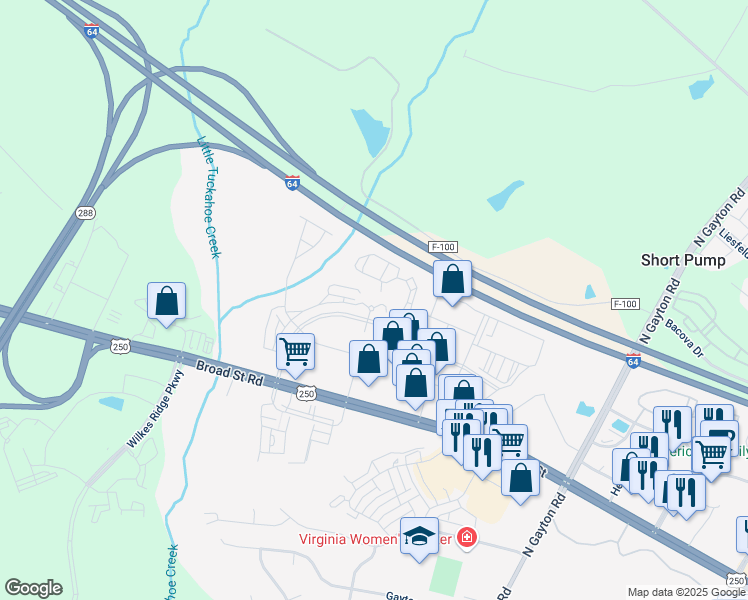 map of restaurants, bars, coffee shops, grocery stores, and more near 4345 Saunders Station Lane in Short Pump