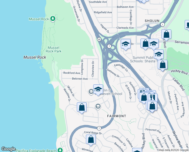 map of restaurants, bars, coffee shops, grocery stores, and more near 95 Clearview Drive in Daly City