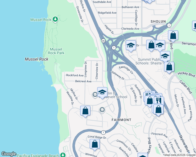 map of restaurants, bars, coffee shops, grocery stores, and more near 95 Clearview Drive in Daly City