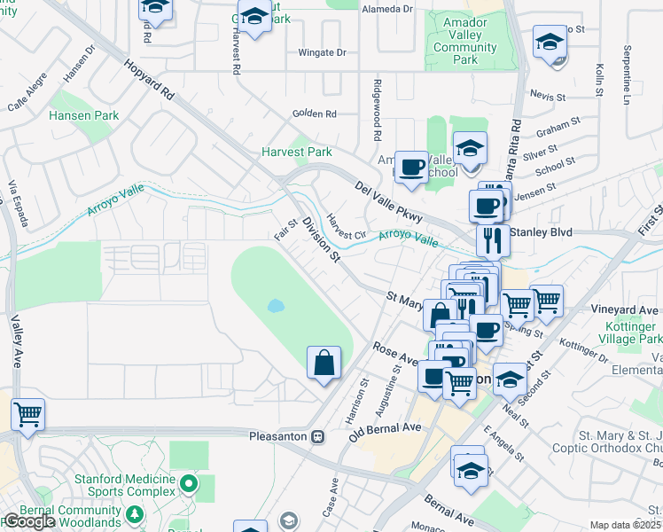 map of restaurants, bars, coffee shops, grocery stores, and more near 938 Division Street in Pleasanton