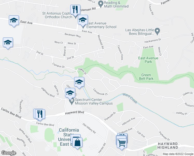 map of restaurants, bars, coffee shops, grocery stores, and more near 2478 Oakes Drive in Hayward