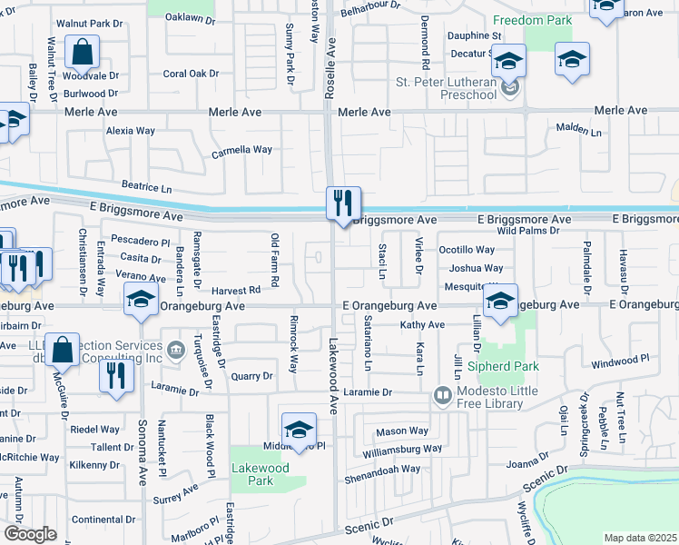 map of restaurants, bars, coffee shops, grocery stores, and more near 3002 Mulholland Drive in Modesto