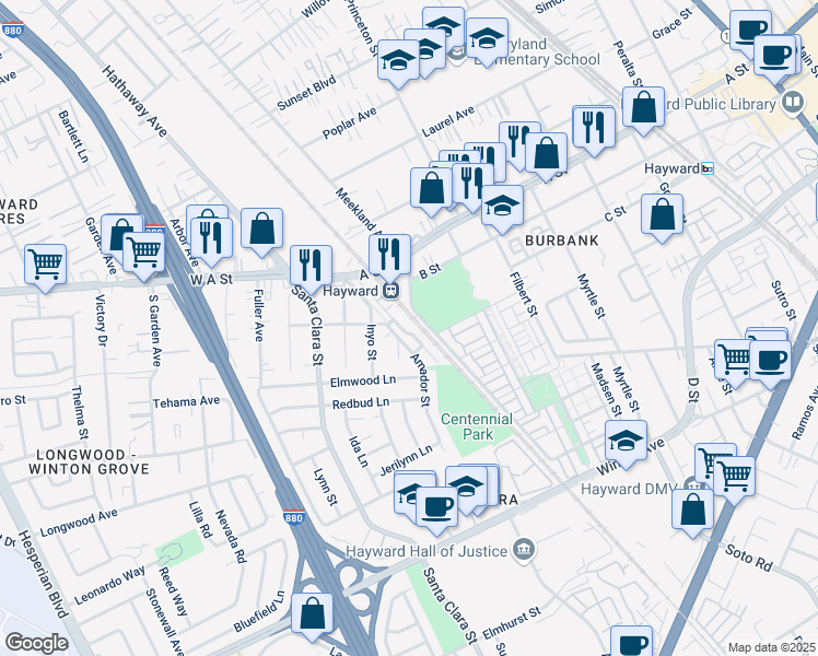 map of restaurants, bars, coffee shops, grocery stores, and more near 1004 Old Oak Lane in Hayward