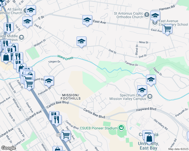 map of restaurants, bars, coffee shops, grocery stores, and more near 1490 Highland Boulevard in Hayward