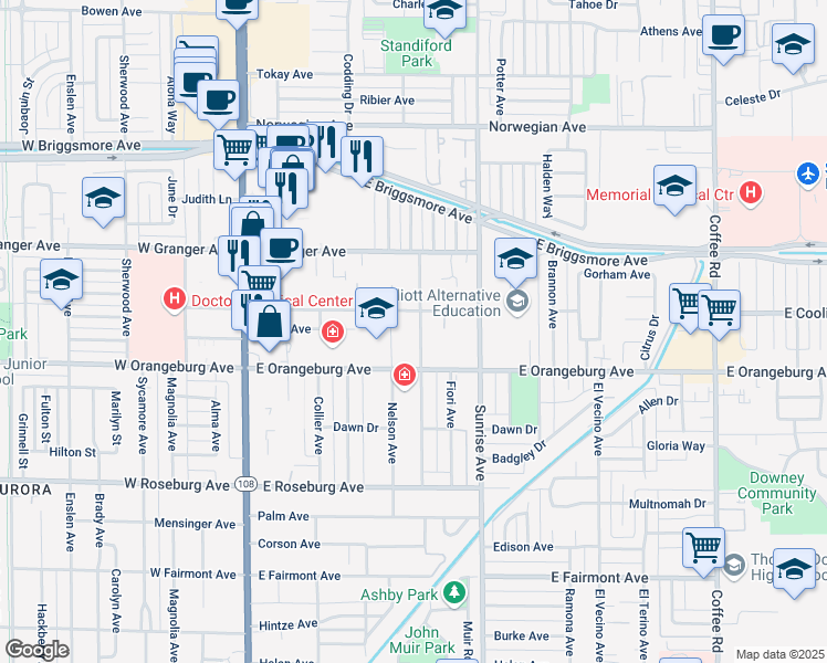 map of restaurants, bars, coffee shops, grocery stores, and more near 1438 Melrose Avenue in Modesto