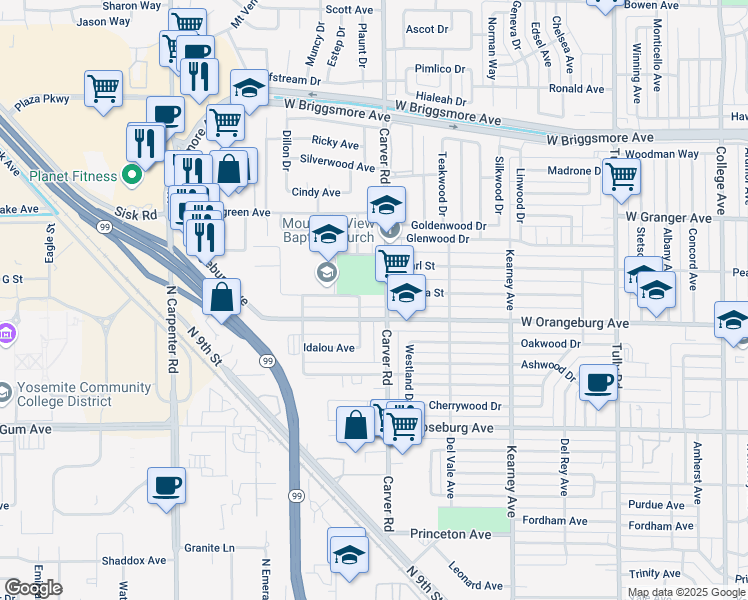 map of restaurants, bars, coffee shops, grocery stores, and more near 1414 Grape Avenue in Modesto