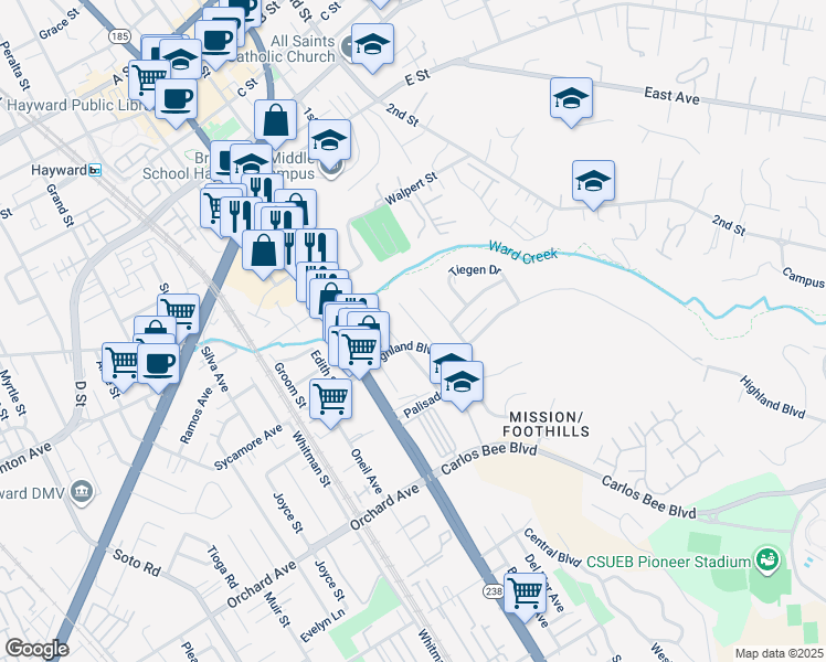 map of restaurants, bars, coffee shops, grocery stores, and more near 24485 Leona Drive in Hayward