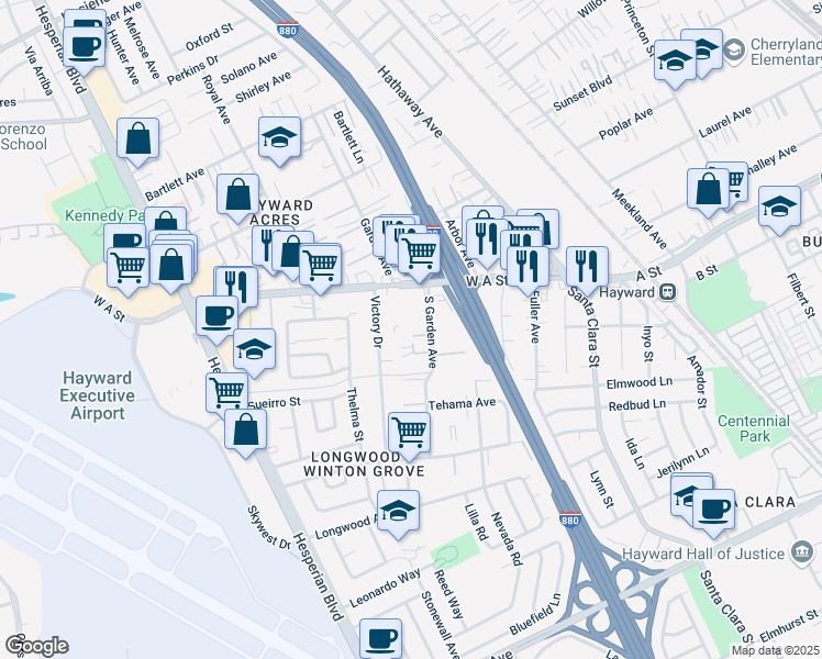 map of restaurants, bars, coffee shops, grocery stores, and more near 22189 South Garden Avenue in Hayward