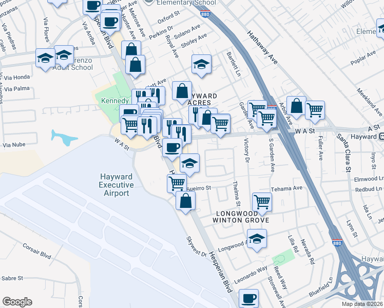 map of restaurants, bars, coffee shops, grocery stores, and more near 820 West A Street in Hayward