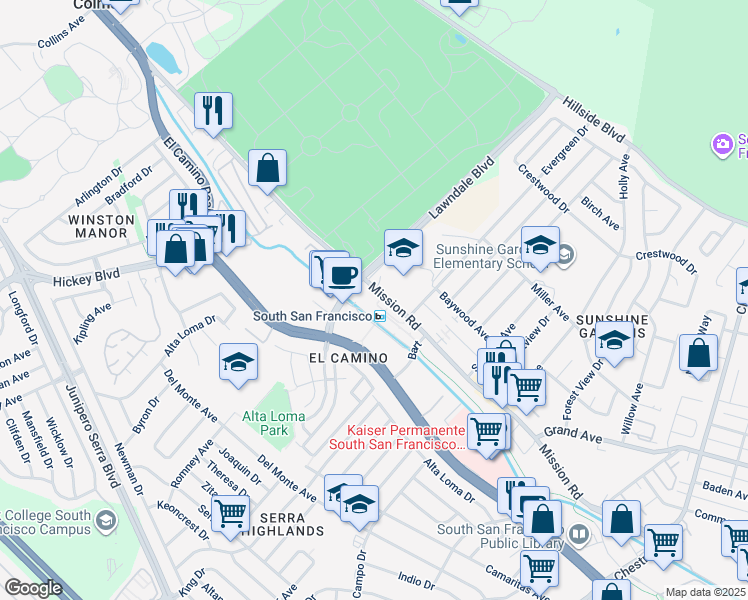 map of restaurants, bars, coffee shops, grocery stores, and more near 1500 El Camino Real in South San Francisco