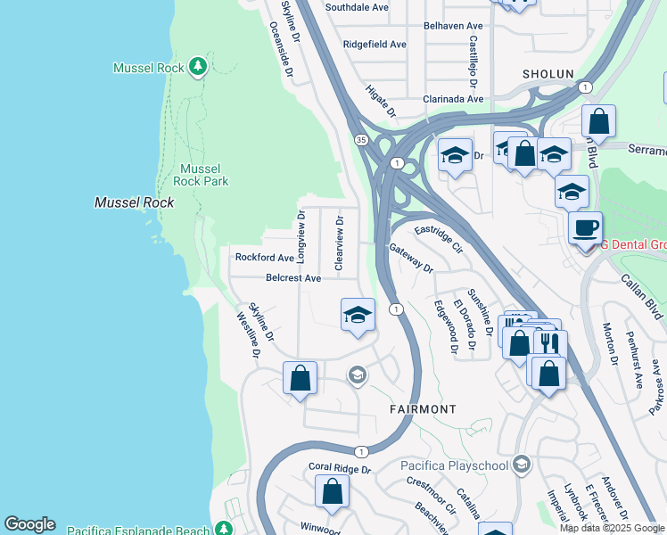 map of restaurants, bars, coffee shops, grocery stores, and more near 87 Montebello Drive in Daly City