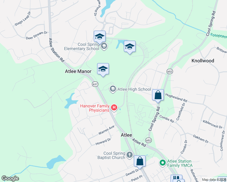 map of restaurants, bars, coffee shops, grocery stores, and more near 9414 Atlee Station Road in Mechanicsville
